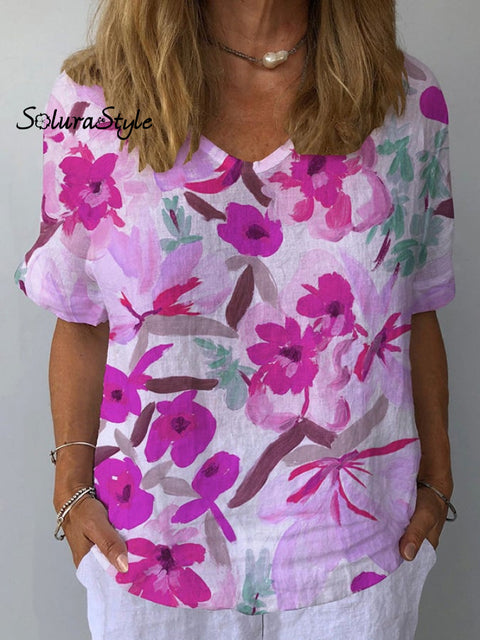 Women’s Retro Floral Casual V-Neck Cotton And Linen Top Purple / S