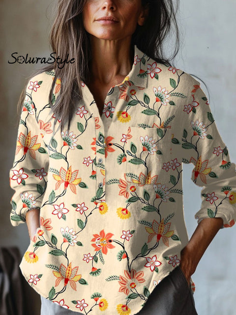 Women’s Retro Floral Print Casual Cotton And Linen Shirt Multicolor / S