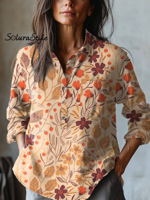 Women’s Retro Floral Print Casual Cotton And Linen Shirt Multicolor / S