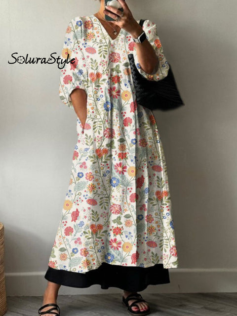 Women’s Retro Floral Print Pocket V-Neck Cotton Dress Multicolor / S