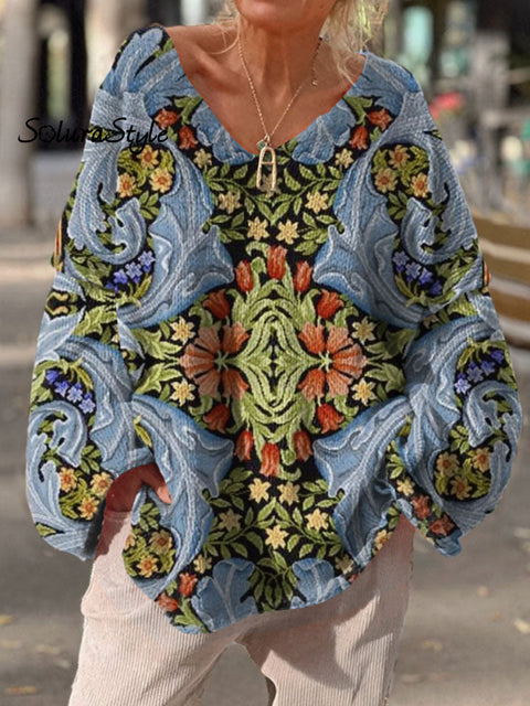 Women’s Retro Florals Print Casual Pullover Sweater Multicolor / M