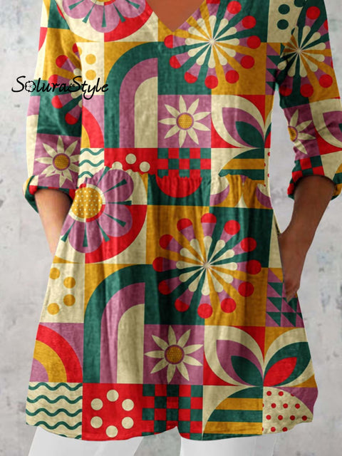 Women’s Retro Geometric Pattern Cotton and LinenTop