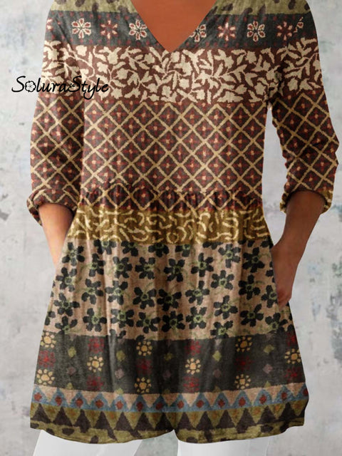 Women’s Retro Geometric Pattern Cotton and LinenTop