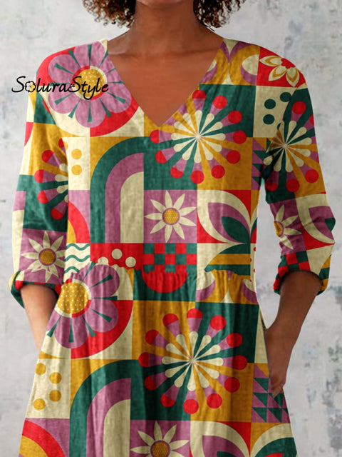 Women’s Retro Geometric Pattern Cotton and LinenTop