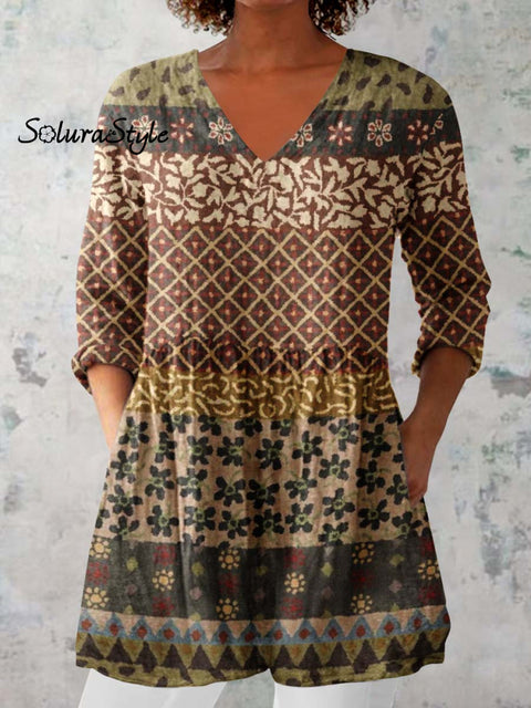 Women’s Retro Geometric Pattern Cotton and LinenTop Brown / S