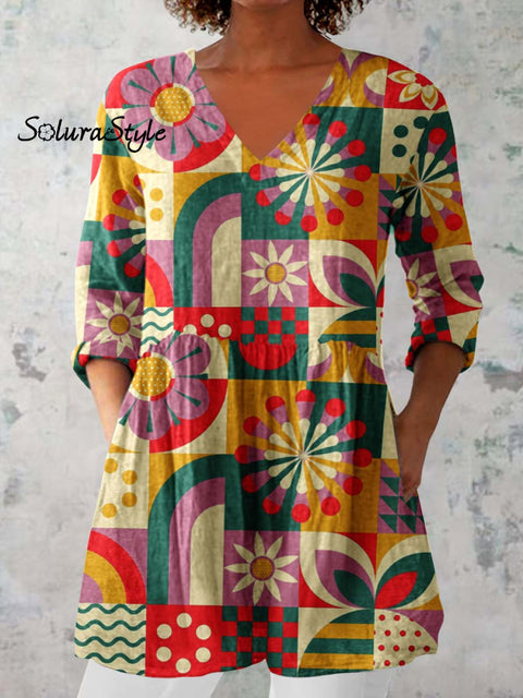 Women’s Retro Geometric Pattern Cotton and LinenTop Multicolor / S