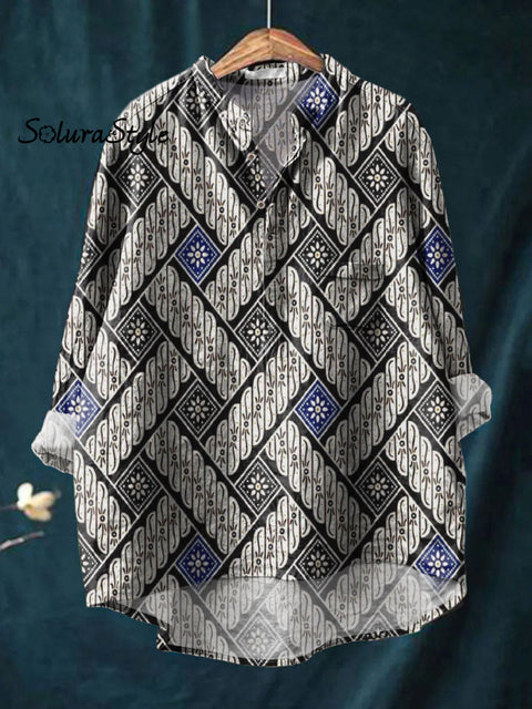 Women’s Retro Geometric Texture Art Print Casual Long Sleeve Comfortable Cotton Shirt Multicolor / S