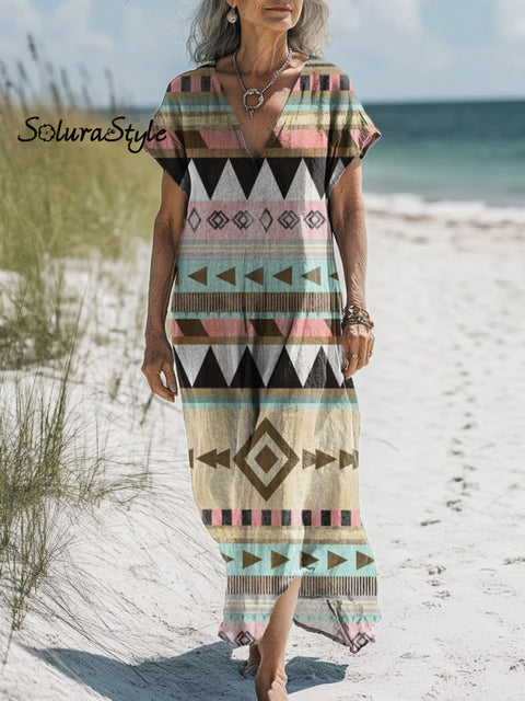 Women’s Retro Geometric Triangle Art Print Pocket Cotton Dress Multicolor / S