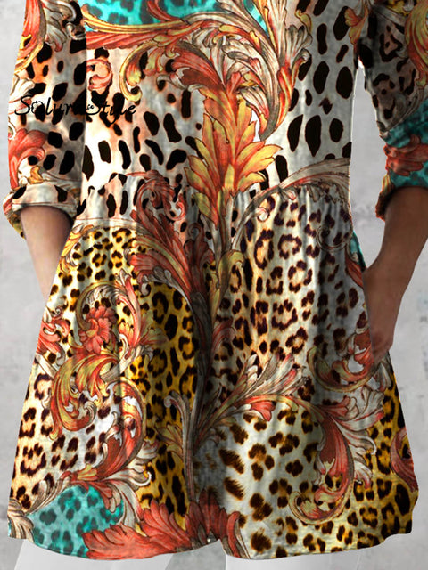 Women’s Retro Leopard Floral Art Print Casual Cotton And Linen V-neck Top