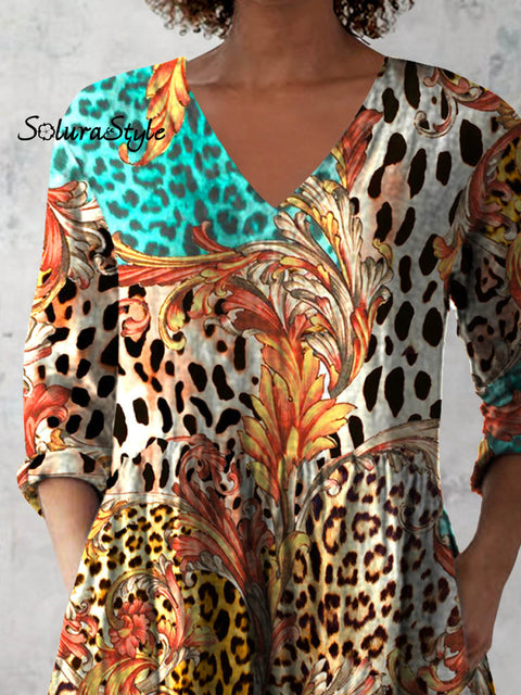 Women’s Retro Leopard Floral Art Print Casual Cotton And Linen V-neck Top