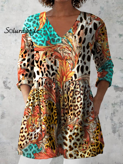 Women’s Retro Leopard Floral Art Print Casual Cotton And Linen V-neck Top Multicolor / S