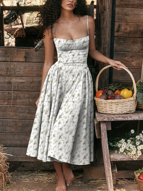 Women’s Retro Lovely Floral Art Print Elegant Long Dress White / S