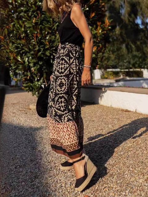 Women’s Retro Lovely Flowers Art Print Elegant Loose Patchwork Skirt