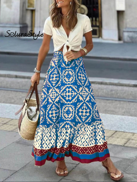 Women’s Retro Lovely Flowers Art Print Elegant Loose Patchwork Skirt Blue / S
