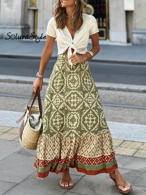 Women’s Retro Lovely Flowers Art Print Elegant Loose Patchwork Skirt Green / S