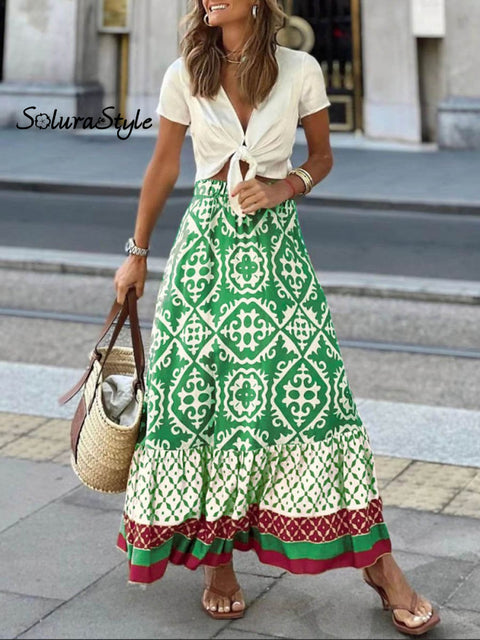 Women’s Retro Lovely Flowers Art Print Elegant Loose Patchwork Skirt Lightgreen / S