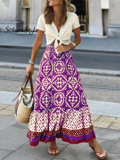 Women’s Retro Lovely Flowers Art Print Elegant Loose Patchwork Skirt Purple / S