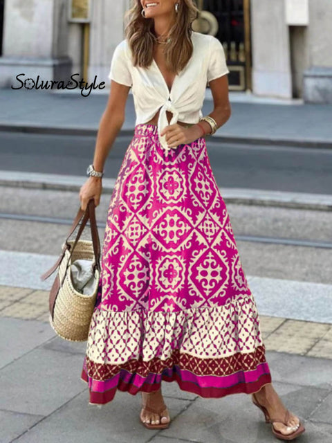 Women’s Retro Lovely Flowers Art Print Elegant Loose Patchwork Skirt Rose / S
