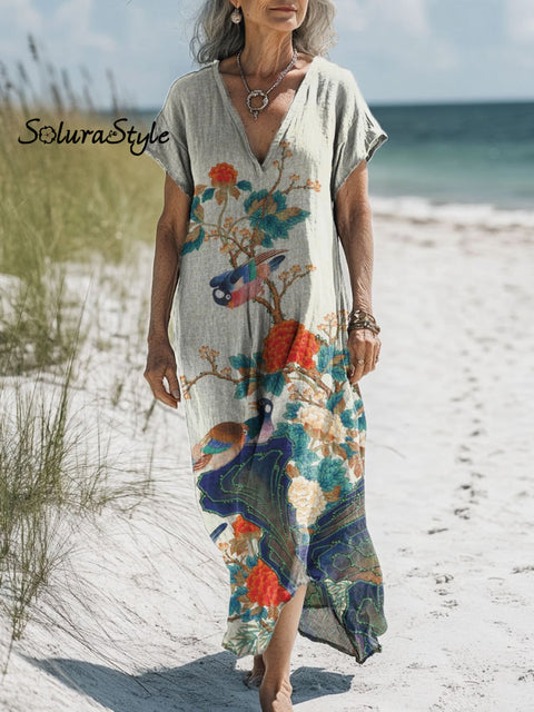 Women’s Retro National Trend Pattern Happy Bird Art Print Pocket Cotton Dress Multicolor / S