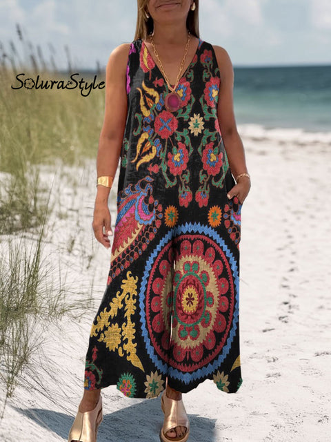 Women’s Retro Pattern Art Print Casual 100% Cotton Wide Leg Jumpsuit Multicolor / S