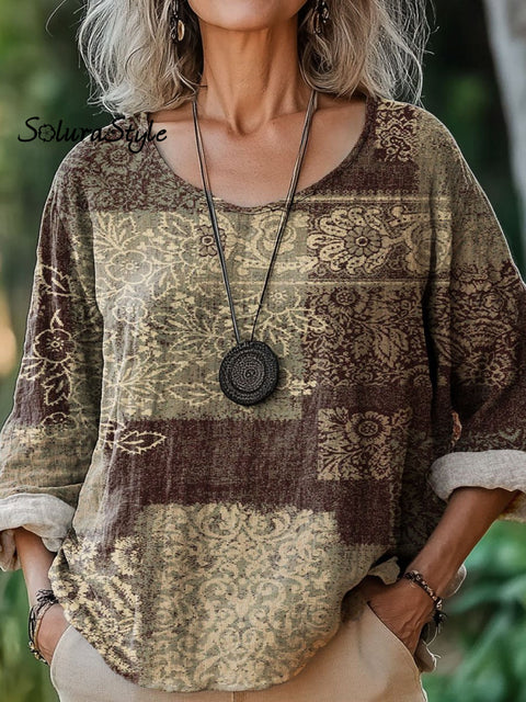 Women’s Retro Pattern Art Print Casual Cotton And Linen Shirt Multicolor / S