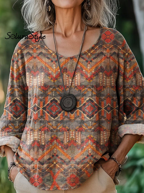 Women’s Retro Pattern Art Print Casual Cotton And Linen Shirt Multicolor / S