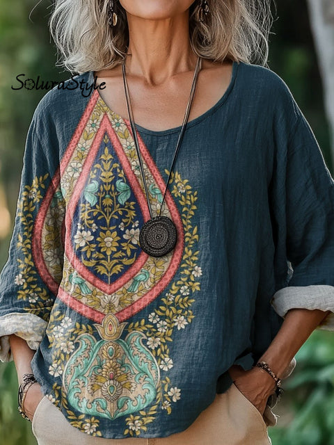 Women’s Retro Pattern Art Print Casual Cotton And Linen Shirt Multicolor / S