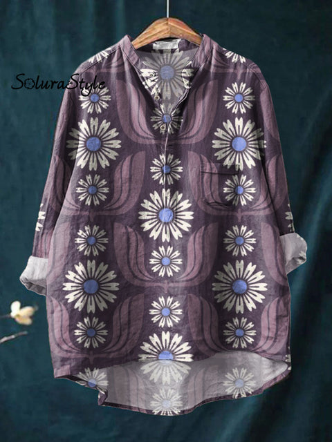Women’s Retro Pattern Art Print Casual Long Sleeve Comfortable Cotton Shirt Multicolor / S