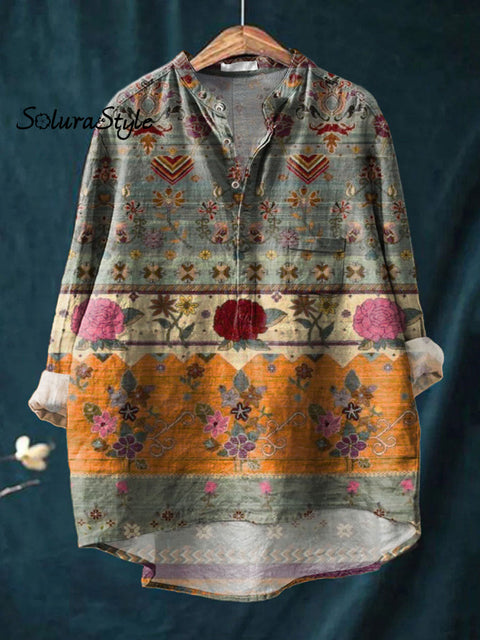 Women’s Retro Pattern Art Print Casual Long Sleeve Comfortable Cotton Shirt Multicolor / S