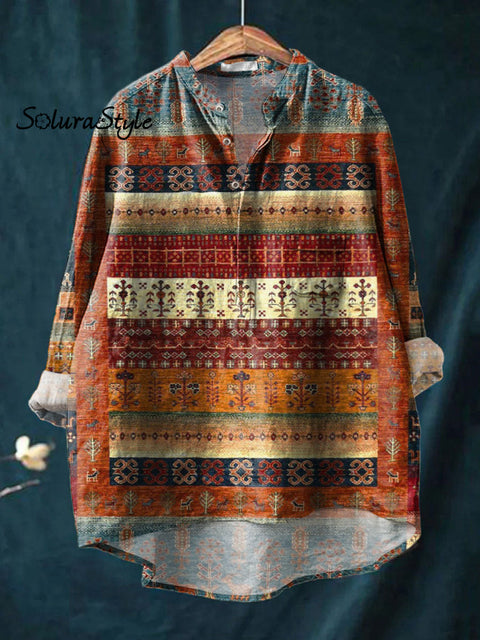 Women’s Retro Pattern Art Print Casual Long Sleeve Comfortable Cotton Shirt Multicolor / S