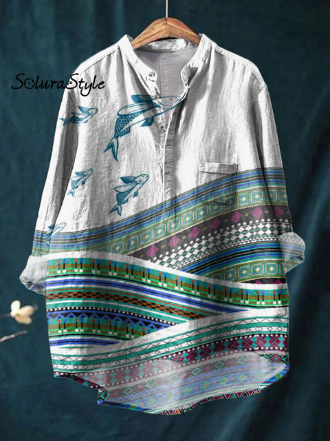 Women’s Retro Pattern Art Print Casual Long Sleeve Comfortable Cotton Shirt Multicolor / S