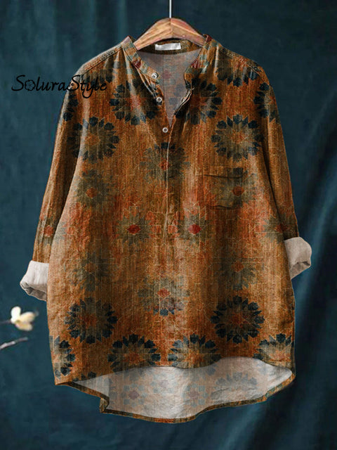 Women’s Retro Pattern Art Print Casual Long Sleeve Comfortable Cotton Shirt Multicolor / S