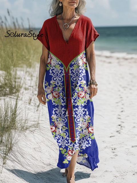 Women’s Retro Pattern Art Print Pocket Cotton Dress Multicolor / S