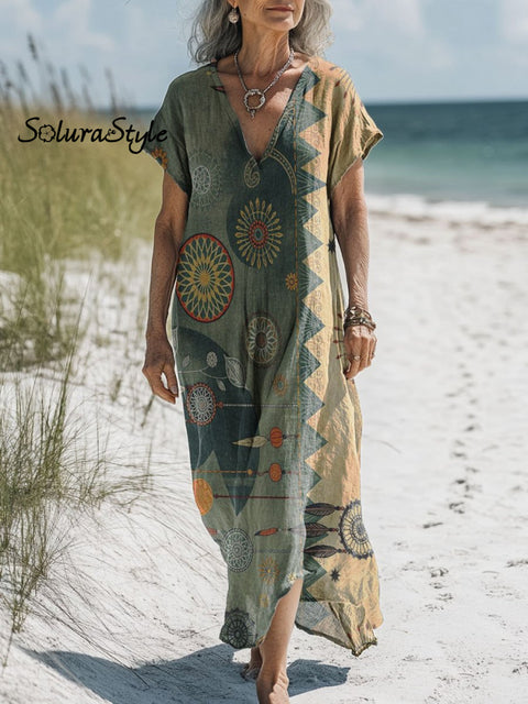 Women’s Retro Pattern Art Print Pocket Cotton Dress Multicolor / S