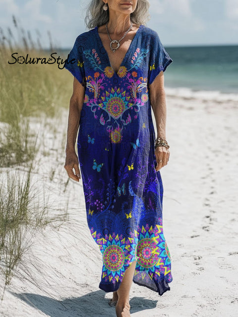 Women’s Retro Pattern Art Print Pocket Cotton Dress Multicolor / S