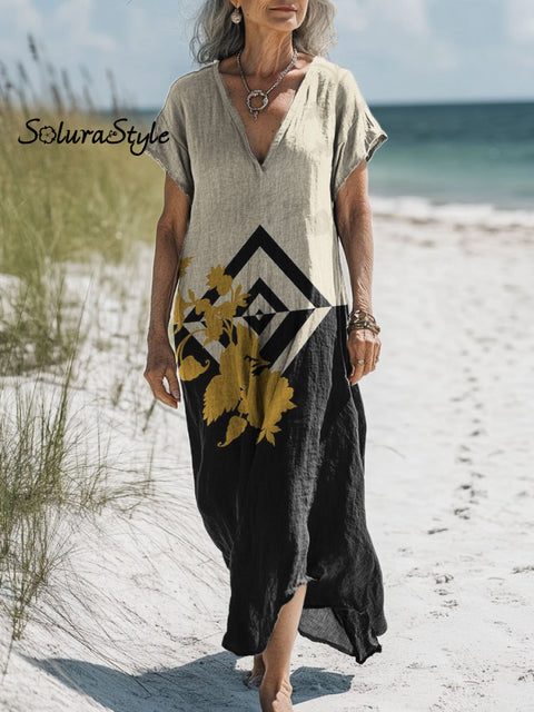 Women’s Retro Pattern Geometric Art Print Pocket Cotton Dress Multicolor / S