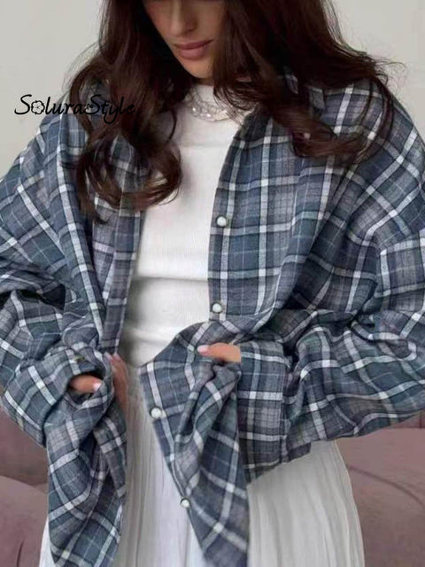 Women’s Retro Plaid Pattern Art Print Casual Lapel Long Sleeve Pocket Shirt Blue / S