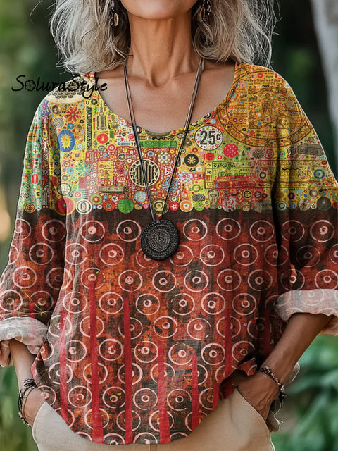 Women’s Retro Polka Dot Doodle Art Print Casual Cotton And Linen Shirt Multicolor / S
