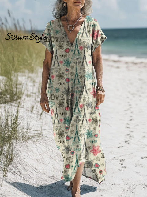 Women’s Retro Romantic Eiffel Tower Art Print Pocket Cotton Dress Multicolor / S