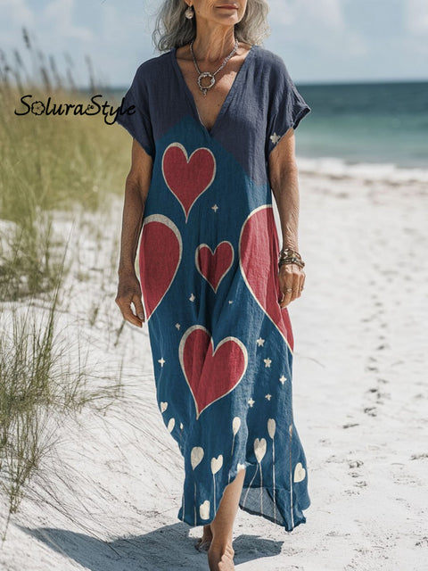 Women’s Retro Romantic Love Heart Art Print Pocket Cotton Dress Multicolor / S