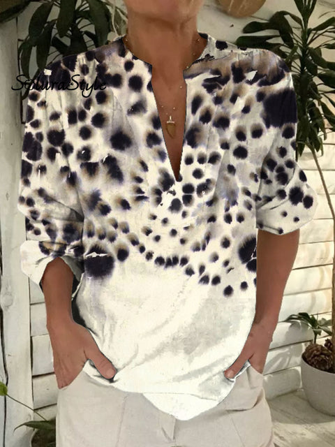 Women’s Retro Spot Art Print Casual Short Sleeve Comfortable Cotton Shirt Multicolor / S