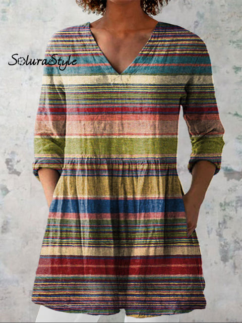Women’s Retro Stripe Art Print Casual Linen V-neck Shirt Multicolor / S