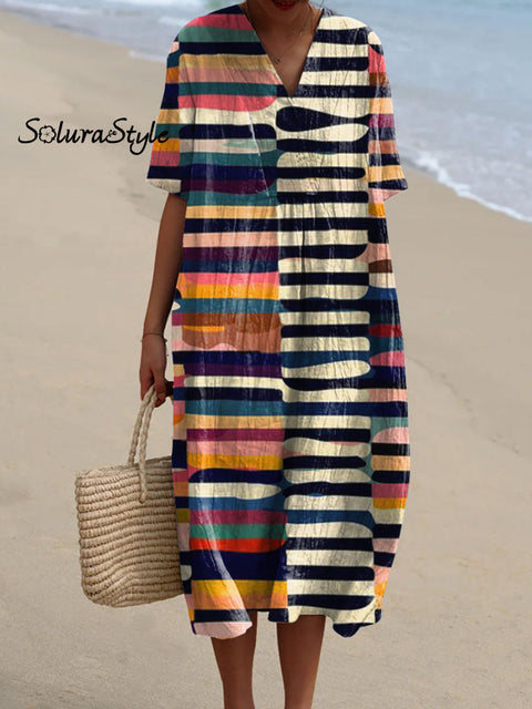 Women’s Retro Stripe Art Print Flowy Dress Multicolor / S