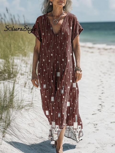 Women’s Retro Texture Streamer Art Print Pocket Cotton Dress Multicolor / S