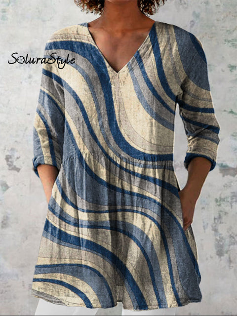 Women’s Ripple Art Print Casual Linen V-neck Shirt Multicolor / S