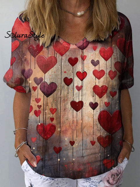 Women’s Romantic Heart Art Print Casual Cotton And Linen Shirt Multicolor / S
