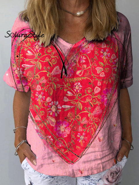 Women’s Romantic Heart Art Print Casual Cotton And Linen Shirt Multicolor / S