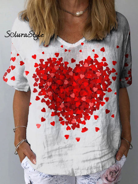 Women’s Romantic Heart Art Print Casual Cotton And Linen Shirt Multicolor / S