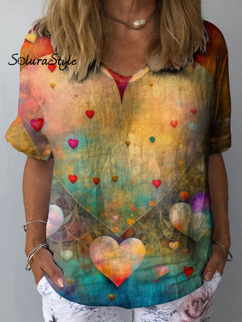 Women’s Romantic Heart Art Print Casual Cotton And Linen Shirt Multicolor / S