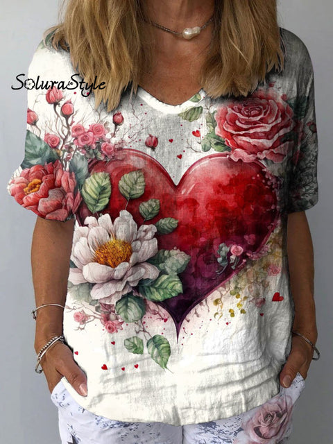 Women’s Romantic Heart Art Print Casual Cotton And Linen Shirt Multicolor / S